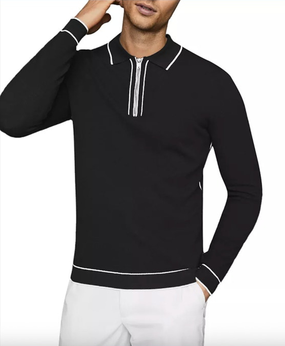 REISS Lanark Long-Sleeve Pique Polo Shirt Size L NEW Black White $195